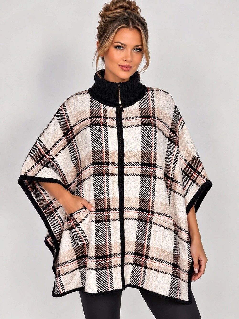 Tahari Plaid Cape in Cream & Black Medium NWOT